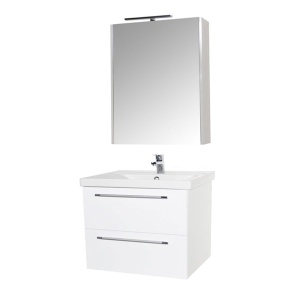 Set mobilier baie suspendat, cu lavoar ceramic, GN0541, front MDF, 60 cm, 2 sertare, glisiere soft close si dulap cu oglinda GN5011, MDF, iluminare led,cu usa, 3 rafturi, alb