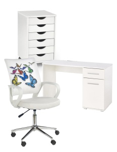 Set mobilier birou copii HM Lima B1, PAL lucios, spatii depozitare, cu scaun HM Ibis Butterfly, stofa piele ecologica, 100 kg si dulapior rulant HM Simon 2, cu roti, front MDF, alb
