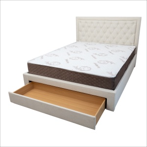 Set pat matrimonial cu sertar Austin, elemente lemn masiv, tapitat cu stofa, cu somiera, crem si saltea ortopedica Optima Bamboo, arcuri, margine antilasare, sistem de aerisire 140x200 cm - Img 3