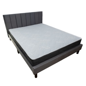 Set pat tapitat Limess, elemente lemn masiv, catifea, somiera inclusa, gri si saltea ortopedica Optima Silver Care, plasa de arcuri, reversibila, 160x200 cm - Img 2