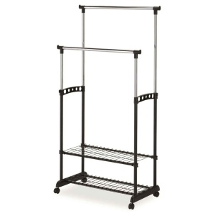 Stender haine cu suport incaltaminte dublu SL Nova II Bis, metalic, cu roti, inaltime ajustabila, solid, negru argintiu