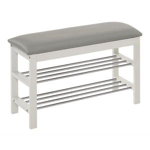 Suport pentru pantofi HM ST11, cu bancheta, lemn masiv, piele ecologica, 2 rafturi metalice, capacitate 8 perechi, alb - Img 2