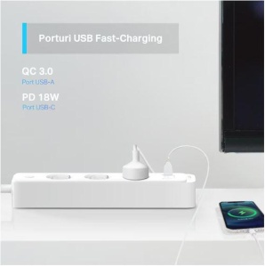 TP-Link SMART WI-FI SOCKET TAPO P300, Protocol: IEEE 802.11b/g/n, Bluetooth 4.2, 2.4 GHz, Cerințe de sistem, Android 5 sau mai recent, iOS 10 sau mai recent, Dimensiuni: 268*55*40mm, cablu de 1.5m, voltaj maxim: 2300W, 10A, 3 prize, 2 x USB. - Img 3