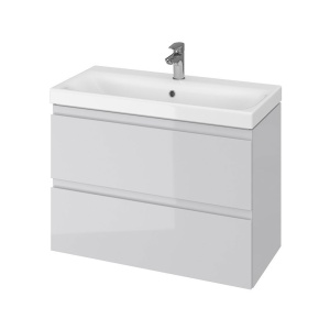 Baza si lavoar ceramic CS9741, mobilier baie suspendat 80 cm, dreptunghiular, front MDF, 2 sertare, glisiere soft close, gri