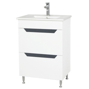 Baza si lavoar ceramic GN0561, mobilier baie stativ 60 cm, dreptunghiular, front MDF, 2 sertare, glisiere soft close, picioare cromate reglabile, alb antracit - Img 2