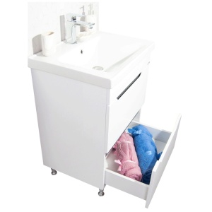 Baza si lavoar ceramic GN7561, mobilier baie stativ 80 cm, front MDF, 2 sertare, picioare cromate reglabile, alb antracit - Img 3