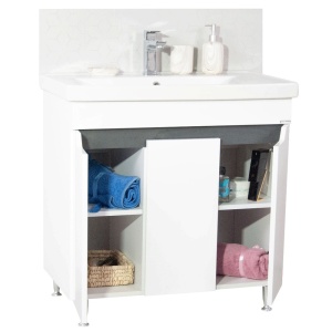 Baza si lavoar ceramic GN7561, mobilier baie stativ 80 cm, front MDF, 3 usi, 2 rafturi, picioare cromate reglabile, alb antracit - Img 2