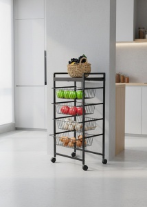 Carucior depozitare, 4 cosuri, cadru metalic, 41.5 x 31.5 x 89 cm, Negru