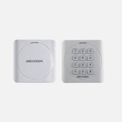 Cititor card cu tastatura Hikvision DS-K1801EK, frecventa de operare RFID EM125KHz, conectivitate: Wiegand 26/34 protocol, distanta de citire: max. 50mm, tastatura cu 12 butoane, Led de stare, alimentare; 12VDC, dimensiuni: 87mm × 87mm × 13.3mm, IP 65,