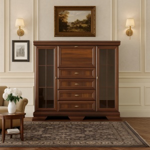 Comoda living cu vitrina VM7, o usa rabatabila pentru bar, 2 usi fixe, 3 sertare, Pal melaminat, cu insertii MDF, Nuc