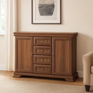 Comoda living si dormitor, VM3, 4 sertare, 2 usi, Pal melaminat, cu insertii MDF, Nuc