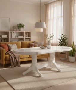Masa living extensibila SB Nork, MDF Furniruit, structura lemn masiv, 8 persoane, 198-160x90x74 cm, alb