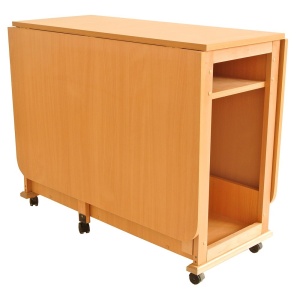 Masa plianta cu spatiu depozitare Util, pentru living si bucatarie, PAL, structura lemn masiv, cu role, 6 persoane, 160x96x80 cm, fag - Img 3