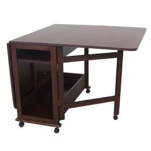 Masa plianta cu spatiu depozitare Util, pentru living si bucatarie, PAL, structura lemn masiv, cu role, 6 persoane, 160x96x80 cm, wenge - Img 3