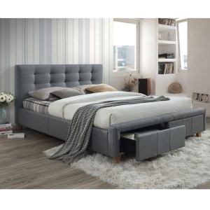 Pat cu spatiu depozitare SL Ascot, matrimonial, cu somiera, lemn masiv, tapitat cu stofa, 160x200, gri