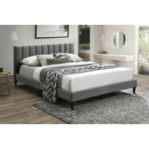 Pat dublu KL Amalia, tapitat cu catifea, somiera inclusa, structura lemn masiv, 160x200 cm, gri - Img 3