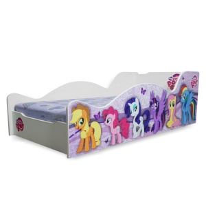 Pat pentru copii Happy Pony, Pal melaminat, margini rotunjite PVC, 2-12 ani, 170x84x56 cm, alb