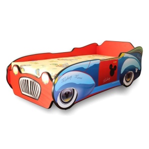 Pat pentru copii Mickey Car, Pal melaminat, margini rotunjite PVC, 2-12 ani, 170x84x55 cm, rosu albastru