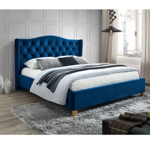 Pat SL Aspen, dublu, lemn masiv, tapitat cu catifea, cu somiera, 160x200, albastru
