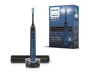 Periuta de dinti electrica Philips Sonicare DiamondClean 9000 HX9911/88, 62000 miscari/min, 4 moduri de curatare, 3 nivele intensitate, senzor presiune, functia BrushSync, aplicatie Sonicare, wireless Bluetooth, toc transport, baza de incarcare, Acvamarin