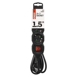 Prelungitor 3 prize schuko, 1.5 metri, cu intrerupator, protectie copii, Negru, Emos