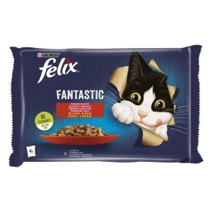 Set 4 plicuri, hrana umeda pentru pisici, Vita si Pui, in aspic, Felix Fantastic, Purina, 4 x 85 g