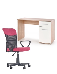 Set birou HM Lima B1, cu usa si sertar, PAL melaminat, 120x55x75 cm, stejar sonoma alb si scaun copii HM Timmy, ergonomic, inaltime reglabila, Rotire 360 ,120 kg, roz