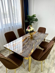 Set masa extensibila cu 6 scaune Dark Brown Marble – Eleganta si confort pentru casa ta - Img 1