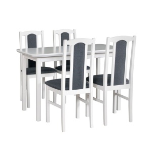 Set masa extensibila lemn masiv, living si bucatarie, DM4 Maxima, blat MDF Furniruit, colturi rotunjite, 120-150x70x76 cm si 4 scaune DM14 Boston, lemn, stofa, 120 kg, alb gri