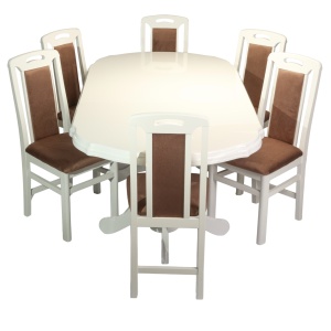 Set masa living extensibila SB Nork, MDF Furniruit, structura lemn masiv, 8 persoane, 198-160x90x74 cm si 6 scaune, tapiterie stofa, lacuit, 120 kg, alb maro - Img 2
