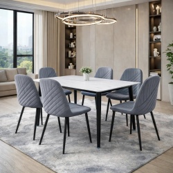 Set masa living Lineo FDT1 blat ceramica structura metalica 140x80x75 cm alb/gri si 6 scaune Doina FDC2 tapiterie catifea 90 kg, gri