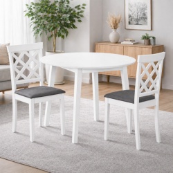 Set masa living plianta Philadelphia, MDF, lemn masiv, rotunda, 55 90 x 90 x 74,8 cm si 2 scaune Vienna, tapiterie stofa, 94x49x40 cm, alb