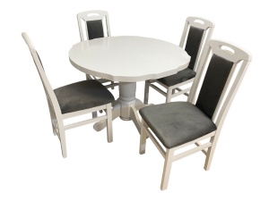 Set masa living si bucatarie extensibila SB Fan, MDF Furniruit, 100-133,5x99x74 cm si 4 scaune SB Tim, lemn masiv, tapiterie stofa, lacuit, 120 kg, alb gri - Img 3
