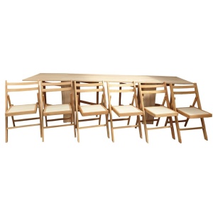 Set masa plianta 12 persoane, Pal Melaminat, insertii lemn masiv, 274x75x78 cm si 6 scaune pliante, tapiterie piele ecologica, fag