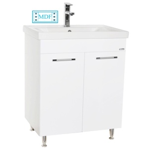 Set mobilier baie GN0541, front MDF, cu lavoar ceramic, 60 cm, 2 usi, 2 rafturi, picioare cromate reglabile, balamale soft close si dulap cu oglinda Celine, PAL, iluminare led, alb - Img 2