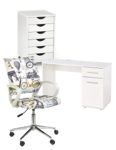Set mobilier birou copii HM Lima B1, PAL lucios, spatii depozitare, cu scaun HM Ibis Paris, stofa, 100 kg si dulapior rulant HM Simon 2, cu roti, front MDF, alb