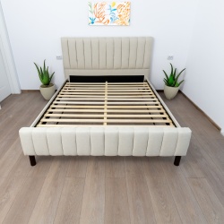 Set pat dublu Erzon, elemente lemn masiv, tapitat cu stofa, cu somiera, crem si saltea ortopedica Optima Bamboo, margine antilasare, banda aerisire, 140x200 cm - Img 3