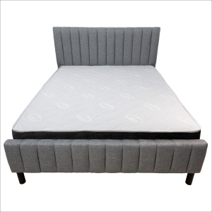 Set pat dublu Erzon, elemente lemn masiv, tapitat cu stofa, somiera inclusa, gri si saltea ortopedica Optima Silver Care, plasa de arcuri, reversibila,160x200 cm - Img 3