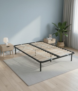 Somiera metalica fixa pentru pat dublu 160x200, 6 picioare, 32 lamele lemn fag, benzi textile, suport saltea ferm, negru