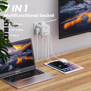 Adaptor priza alb tip cub cu 4 prize shucko 16A, 2xUSB si 1xType C – Solutia ideala pentru incarcare eficienta - Img 4