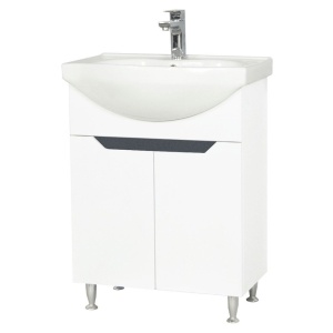 Baza si lavoar ceramic GN0501, mobilier baie stativ 60 cm, circular, front MDF, 2 usi, 2 rafturi, picioare cromate reglabile, alb antracit