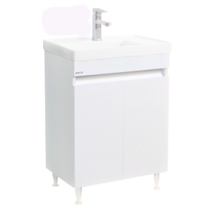 Baza si lavoar ceramic GN2861, mobilier baie stativ 60 cm, front MDF, 2 usi, 2 rafturi, picioare cromate reglabile, alb
