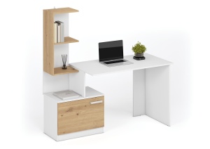 Birou cu spatii depozitare HM Miso, blat PAL, cu rafturi, organizator, design modern, alb stejar artizanal - Img 2