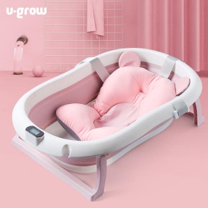 Cadita cu pernuta pentru bebelusi, termometru digital incorporat, pliabila, dop se scurgere, picioare anti-alunecare , roz, U-Grow - Img 2