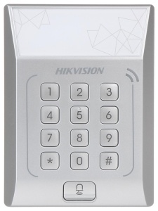 Cititor standalone cu tastatura si card de proximitate Hikvision, DS- K1T801M; suporta cartele MIFARE, Capacitate 3000 cartele, Autentificare: card sau card si parola; Intrari: buton de iesire x1, contact de usa x1; Iesiri: sonerie x1, incuietoare