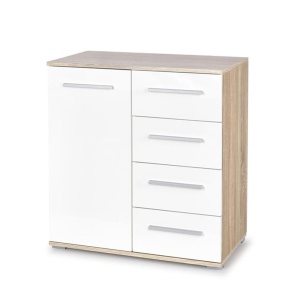 Comoda dormitor HM Lima KM2, Pal Melaminat, cu o usa, 4 sertare, cant ABS, stejar sonoma alb