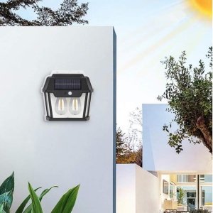 Lampa solara de perete cu 2 becuri LED, senzor de lumina si miscare, incarcare solara, 28W, 600 Lumeni, neagra - Img 2