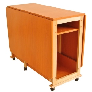 Masa plianta cu spatiu depozitare Util, pentru living si bucatarie, PAL, structura lemn masiv, cu role, 6 persoane, 160x96x80 cm, cires - Img 3