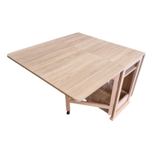 Masa plianta cu spatiu depozitare Util, pentru living si bucatarie, PAL, structura lemn masiv, cu role, 6 persoane, 160x96x80 cm, Stejar sonoma - Img 3