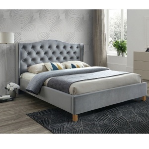 Pat SL Aspen, matrimonial, lemn masiv, tapitat cu catifea, cu somiera, 160x200, gri